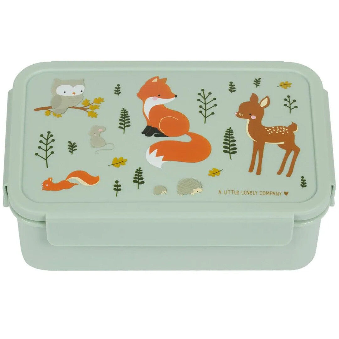 A little lovely company groene broodtrommel voor kinderen met bosdierenprint, recht van voren gefotografeerd.