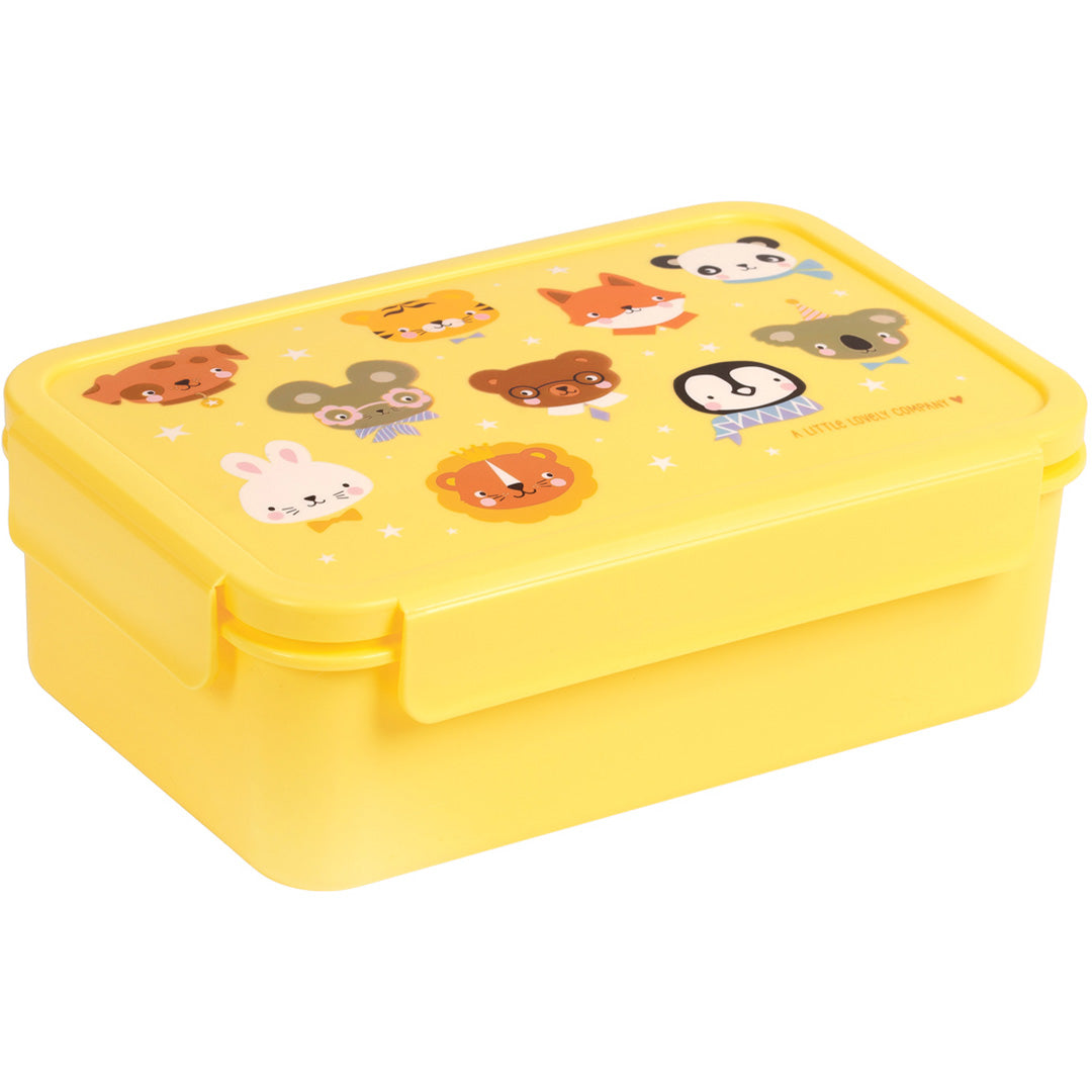 Gele broodtrommel voor kinderen van A Little Lovely Company met een deksel vol dierenvrienden.
