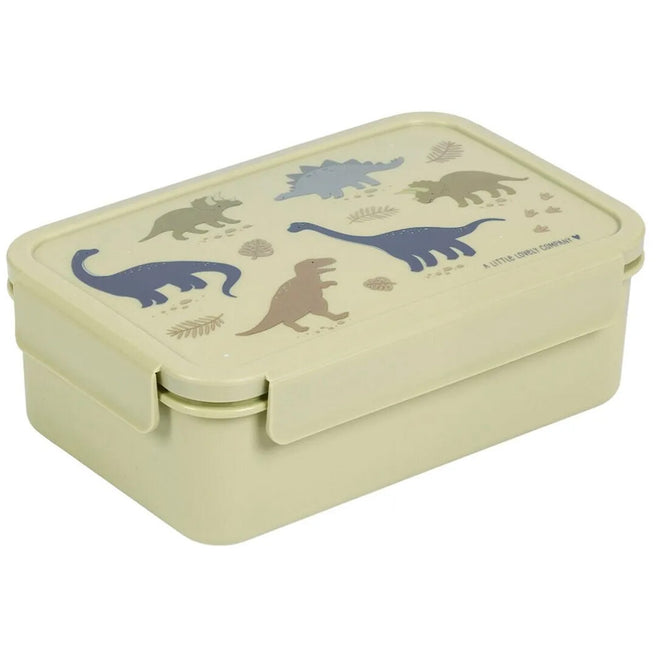 A Little Lovely Company beige broodtrommel voor kinderen met dinosaurusillustraties op de deksel, schuin van bovenaf gezien.