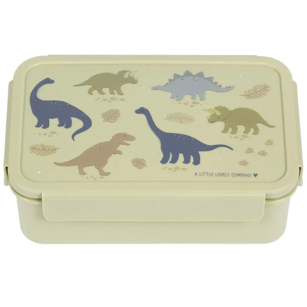 A Little Lovely Company beige broodtrommel voor kinderen met dinosaurusillustraties op de deksel, van bovenaf gezien.