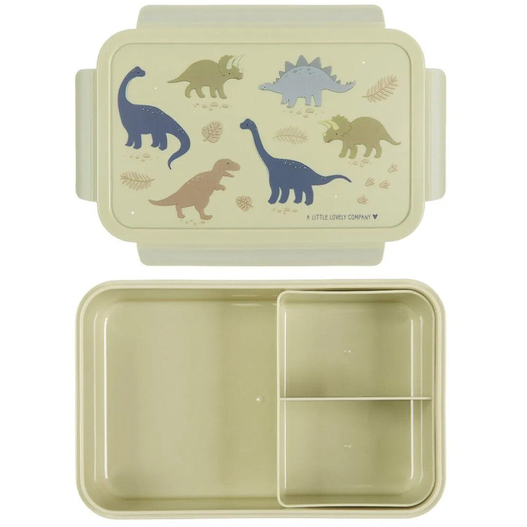A Little Lovely Company beige broodtrommel voor kinderen met dinosaurusdeksel en uitneembaar vakjesblad, van bovenaf gezien.