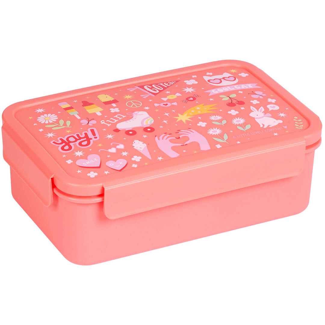 a little lovely company roze broodtrommel voor kinderen met een deksel met 'fun' thema illustraties.