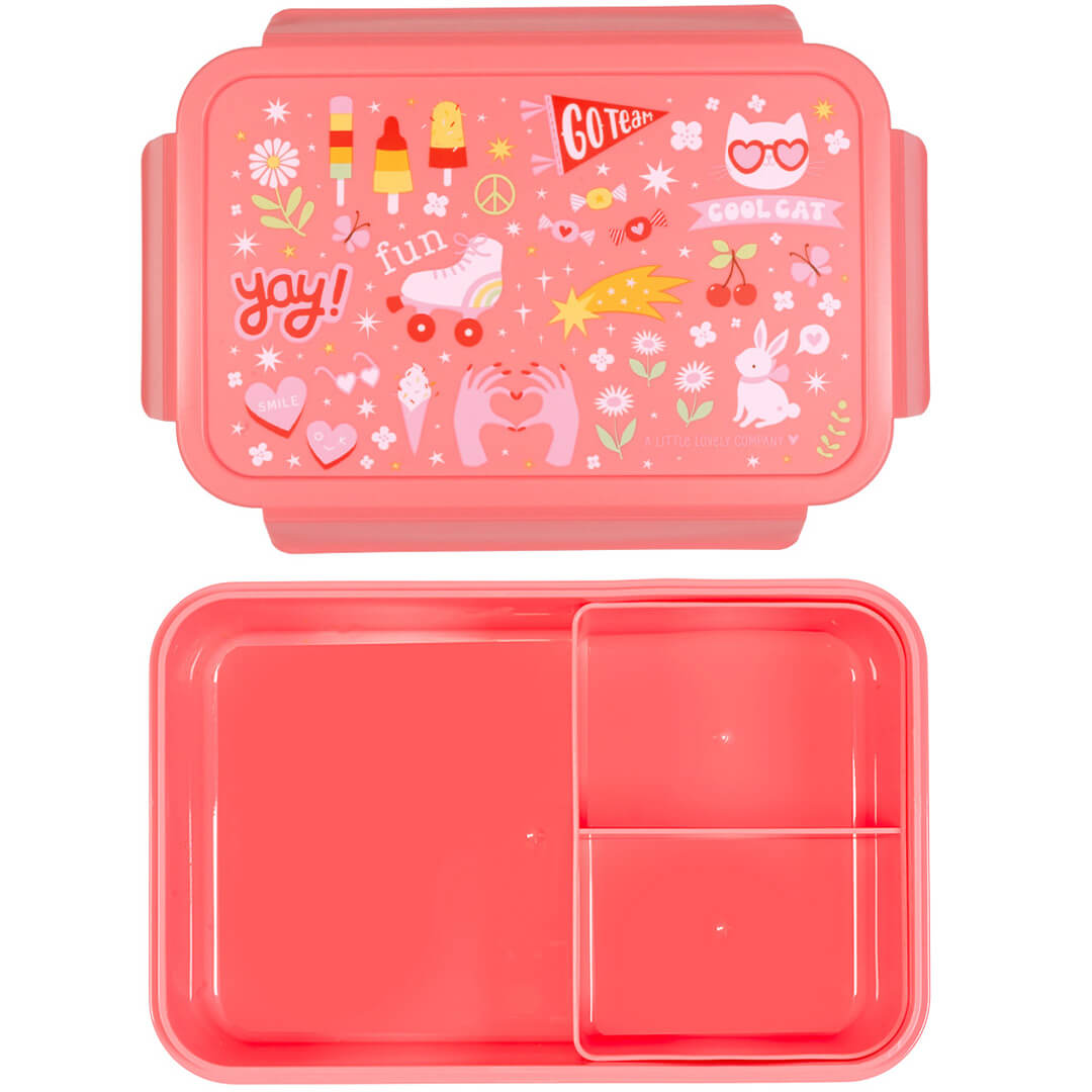 Bovenaanzicht van de a little lovely company roze broodtrommel met 'fun' thema deksel en de onderkant met twee vakjes.