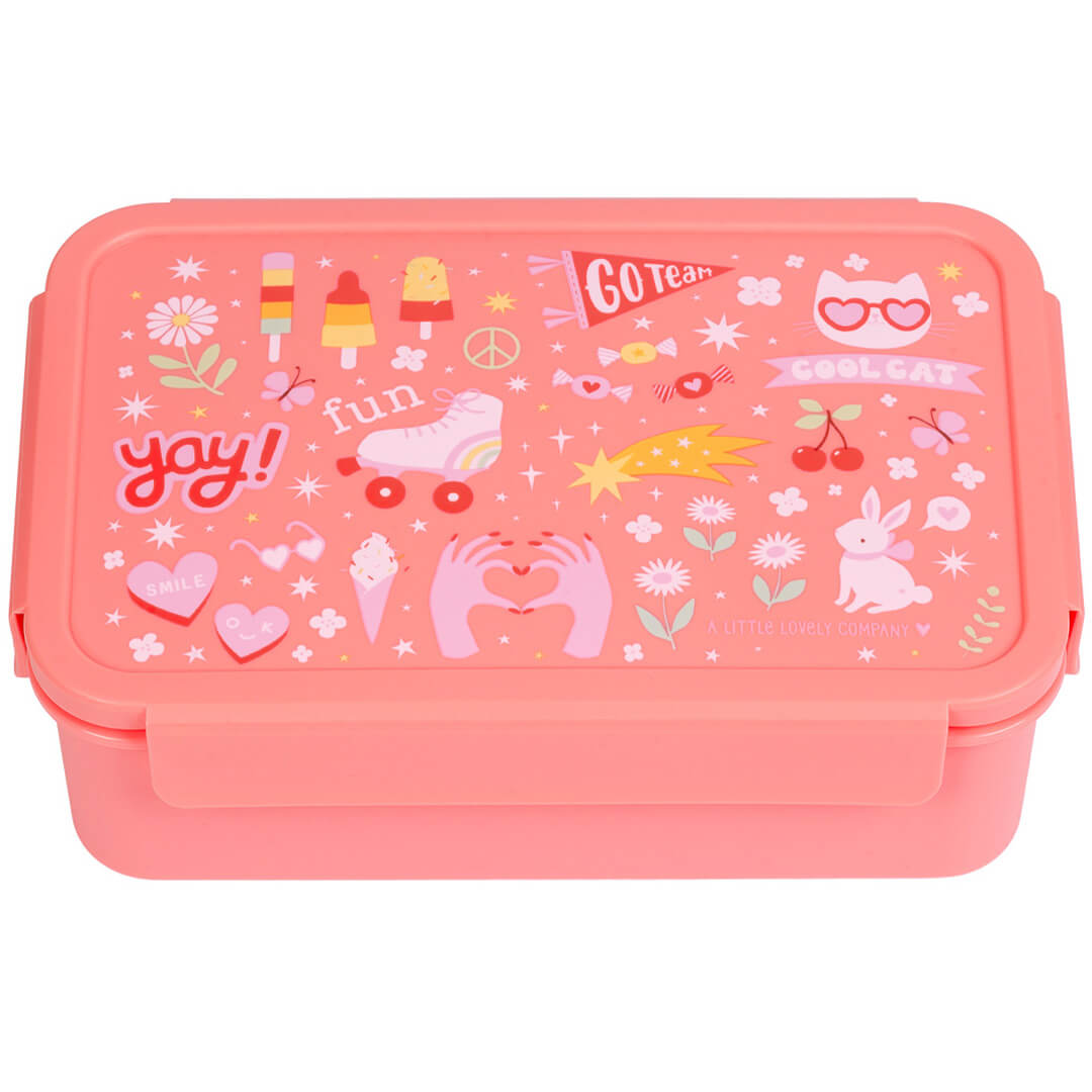 a little lovely company roze broodtrommel voor kinderen met een deksel met 'fun' thema.