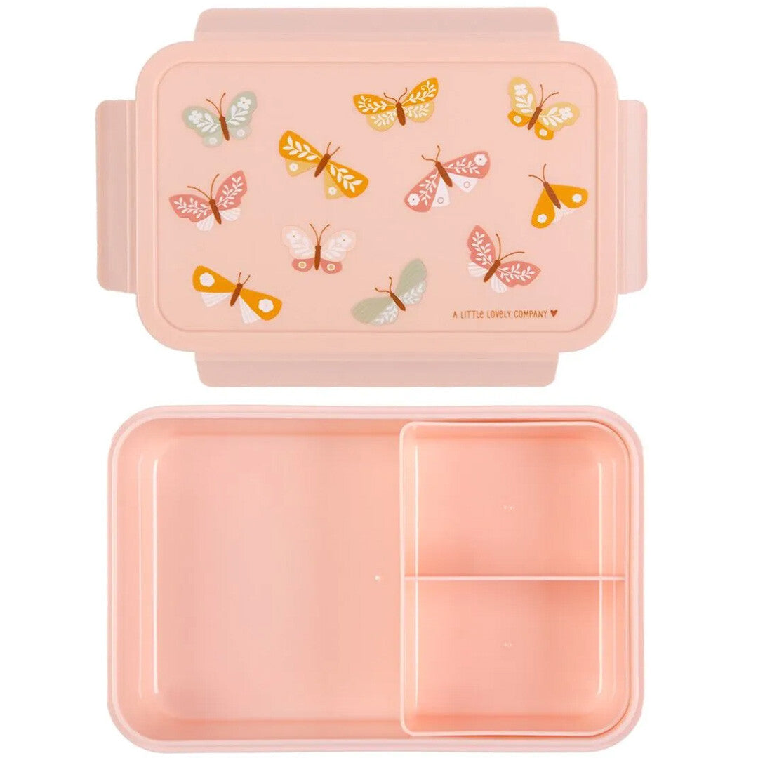 A little lovely company roze kinderbroodtrommel met vlinderpatroon, opengeklapt met deksel en vakjesblad.