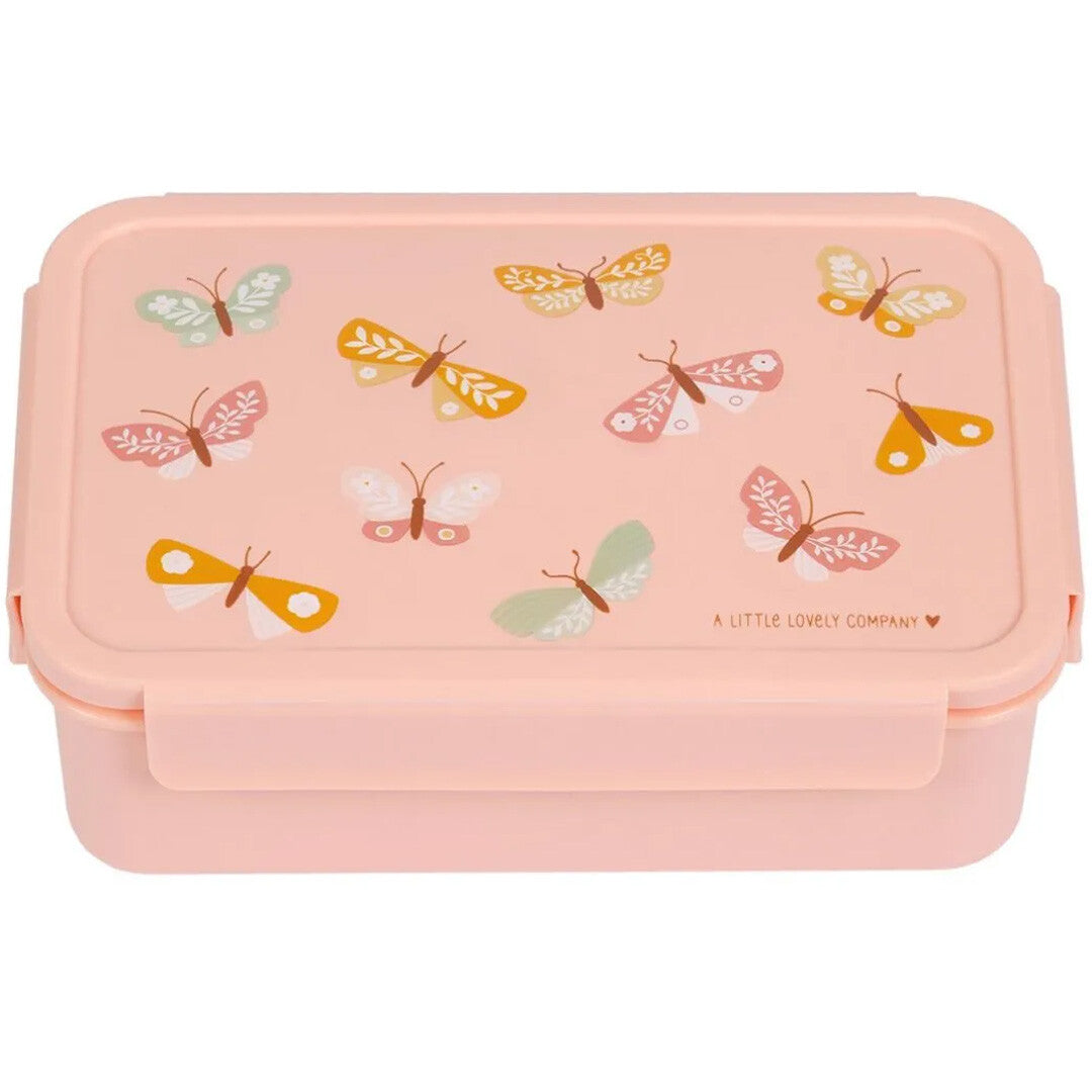 A little lovely company roze kinderbroodtrommel met vlinderpatroon, van bovenaf gefotografeerd.