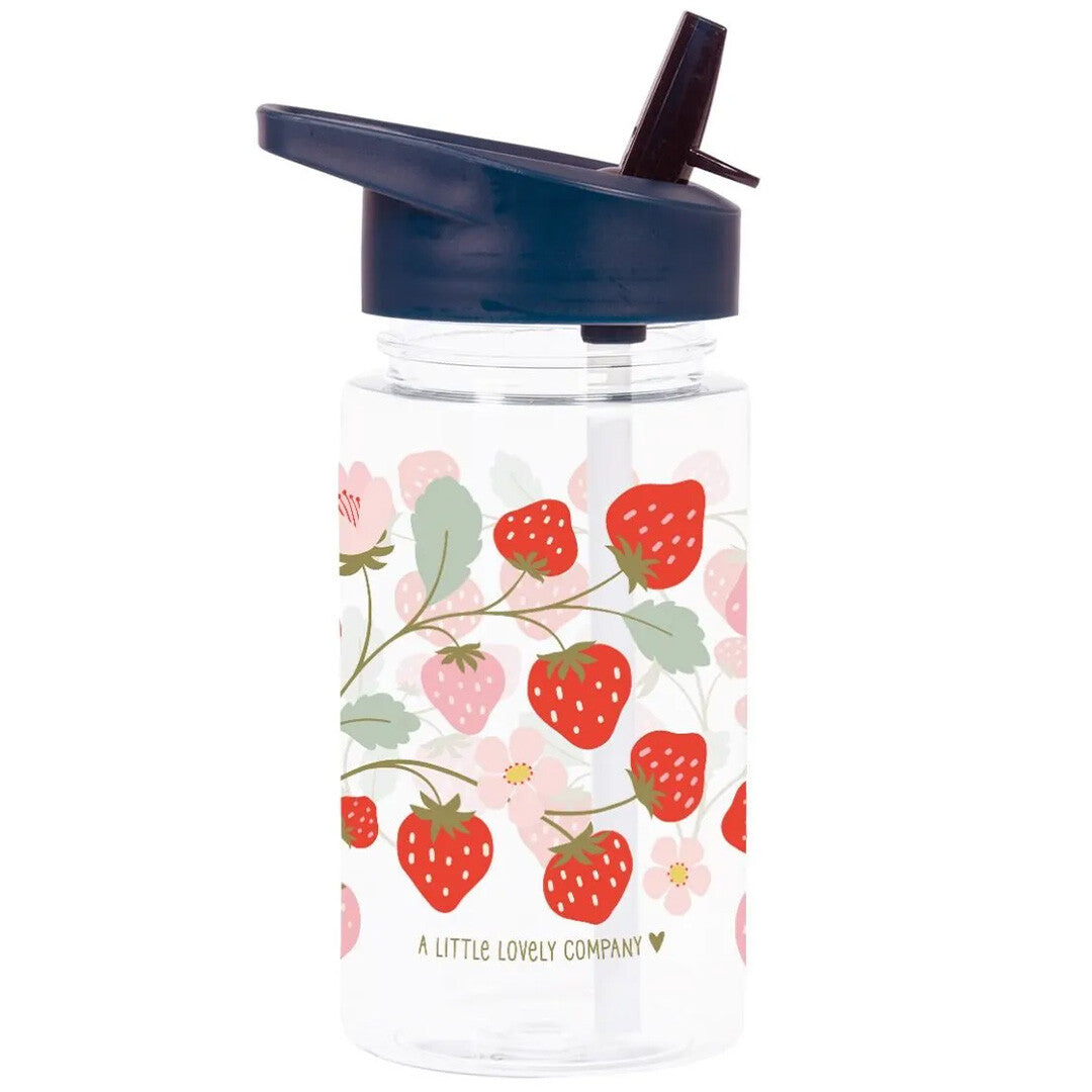 A little lovely company drinkfles met rietje voor kinderen, versierd met een patroon van aardbeien en bloemen.