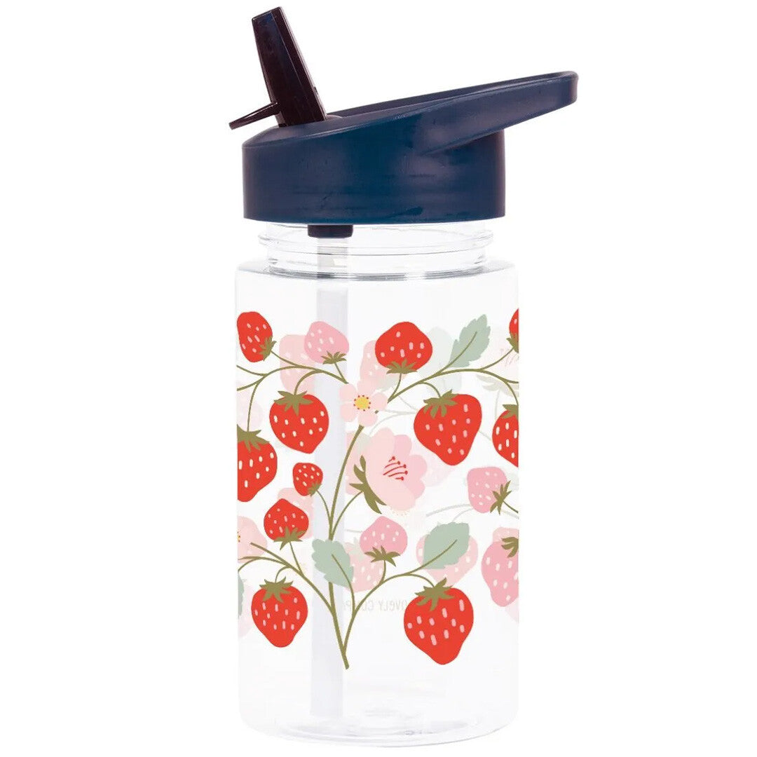 A little lovely company drinkfles met rietje voor kinderen, versierd met een patroon van aardbeien en bloemen.