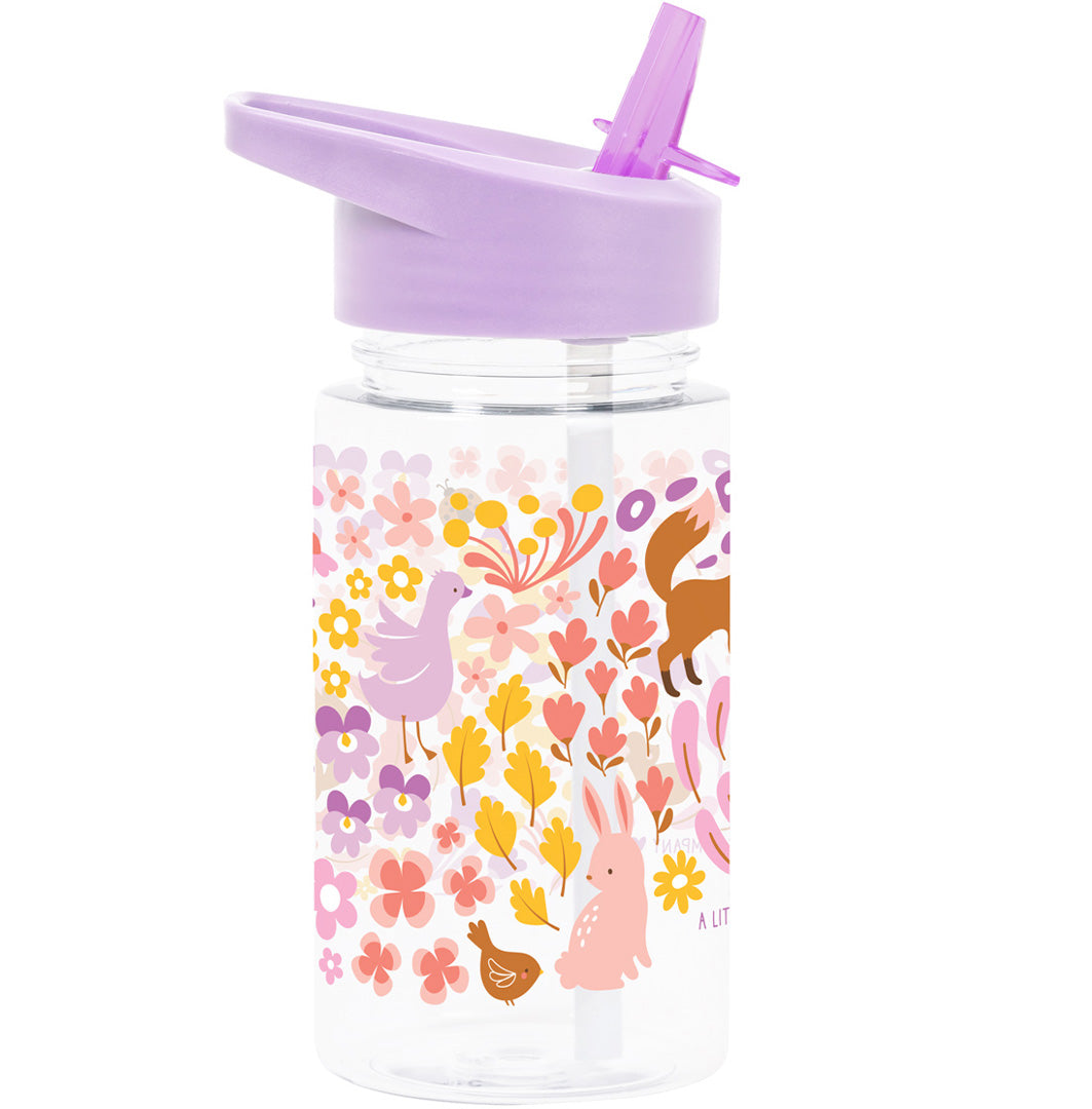 a little lovely company drinkfles met rietje voor kinderen met een bloemen- en dierenpatroon.