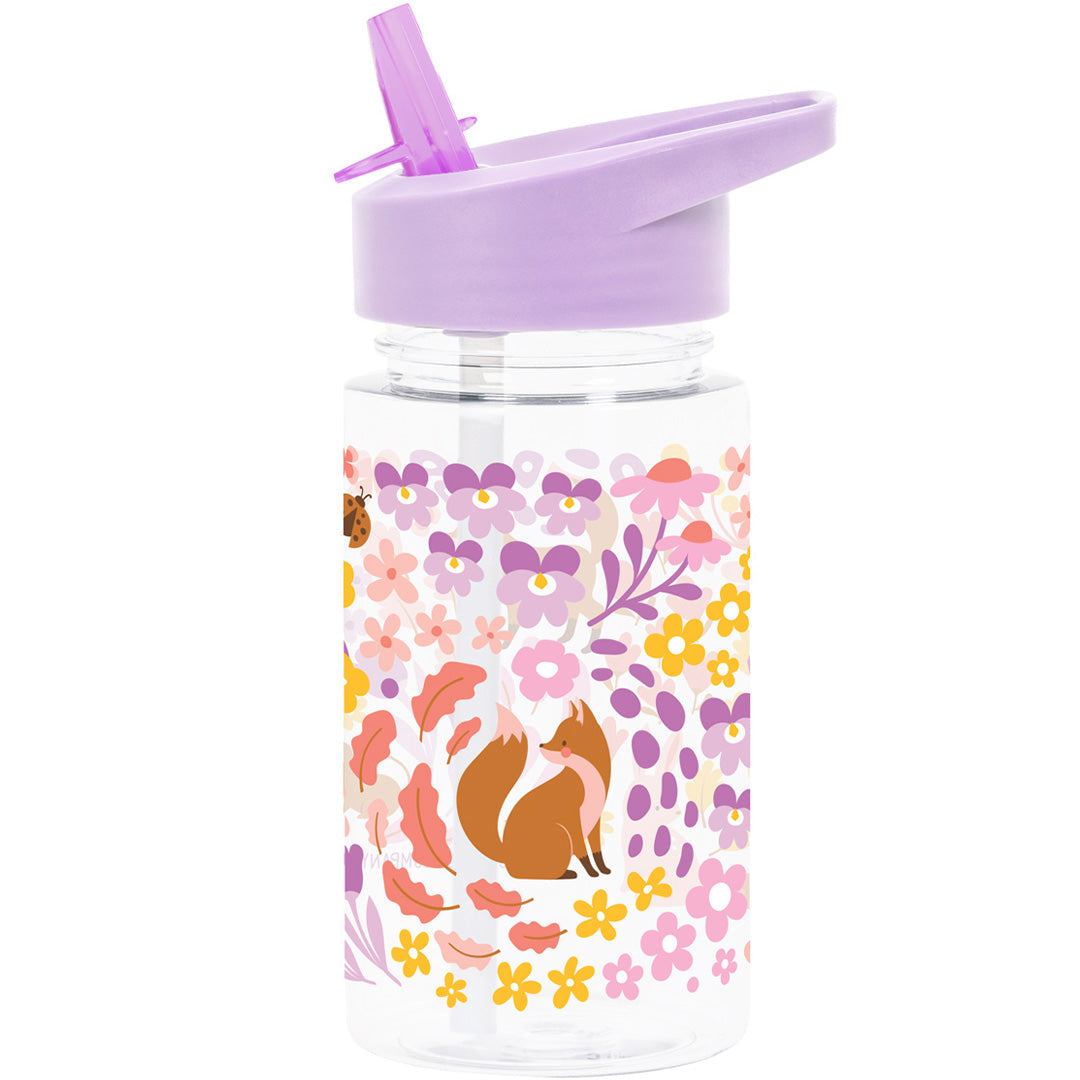 a little lovely company drinkfles met rietje voor kinderen met een bloemen- en vossenpatroon.