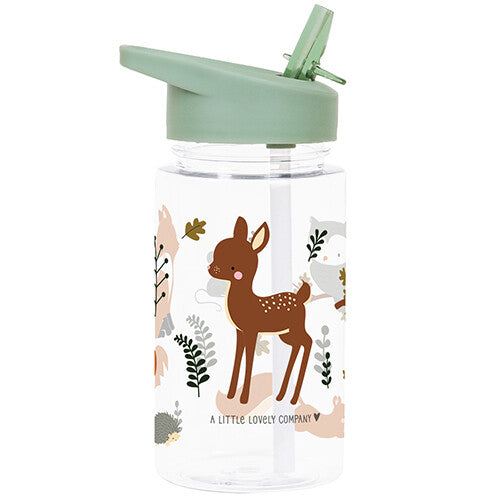 a little lovely company kinder drinkfles met rietje, versierd met bosdieren zoals een hert en een uil.