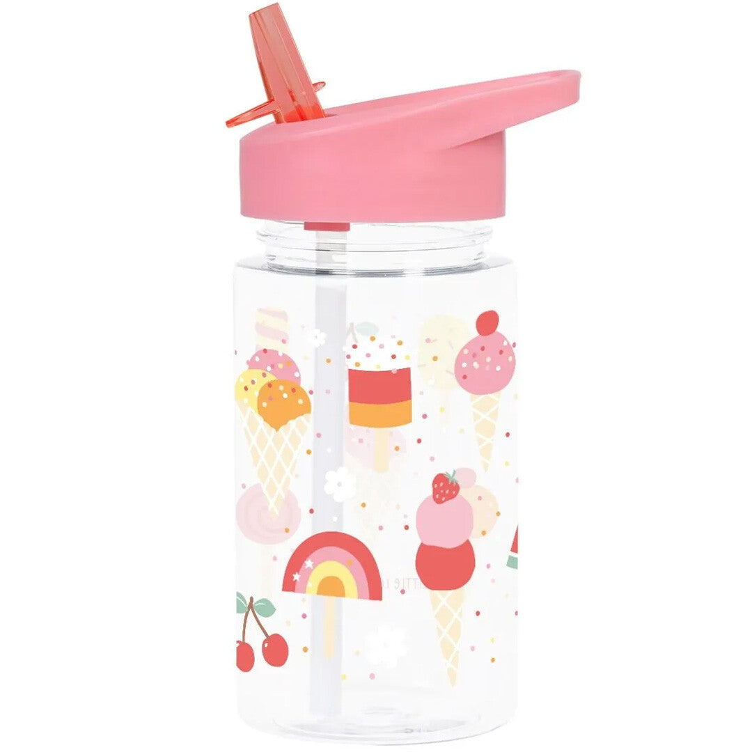 A Little Lovely Company drinkfles voor kinderen met roze rietje en vrolijk ijsjes- en regenboogpatroon.