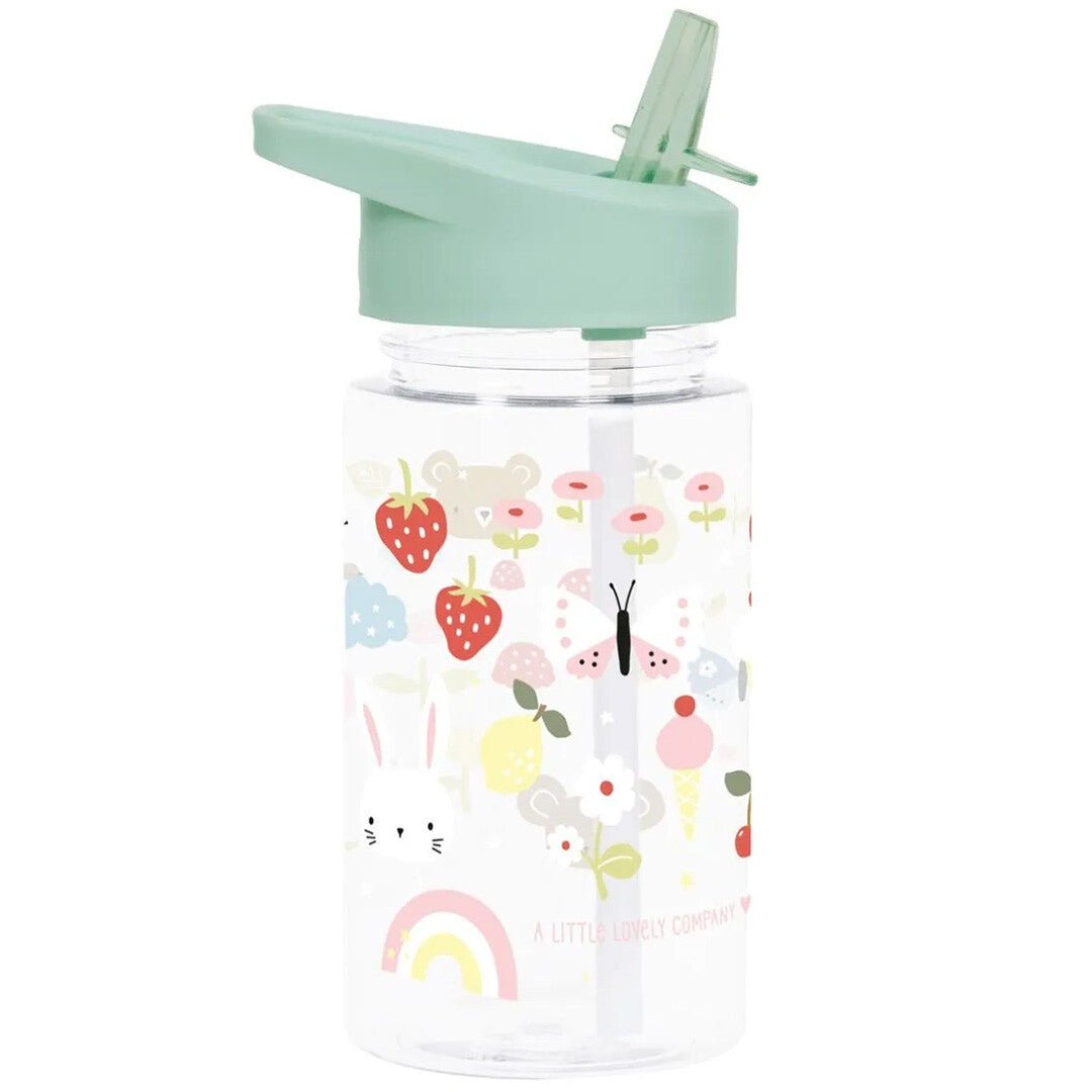 A little lovely company kinderdrinkfles met rietje, versierd met kleurrijke illustraties van dieren, fruit en een regenboog.