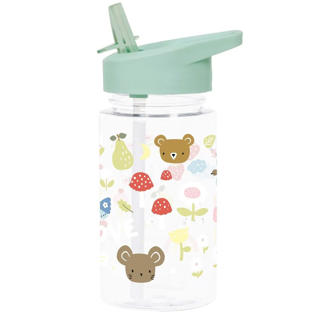 A little lovely company kinderdrinkfles met rietje, bedrukt met illustraties van een beer, muis, paddenstoelen en fruit.