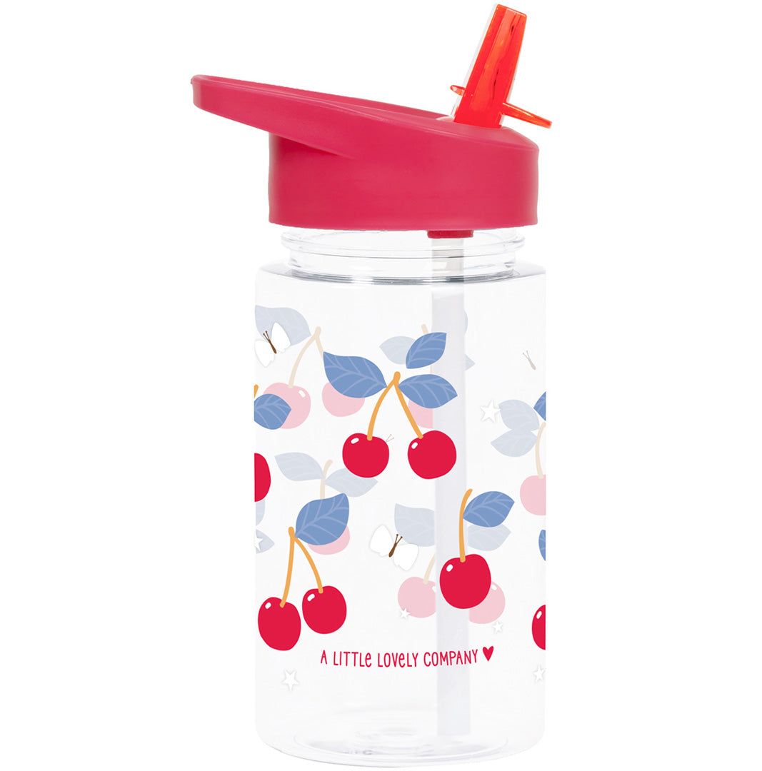Een a little lovely company kinder drinkfles met kersenpatroon en rode drinktuit.