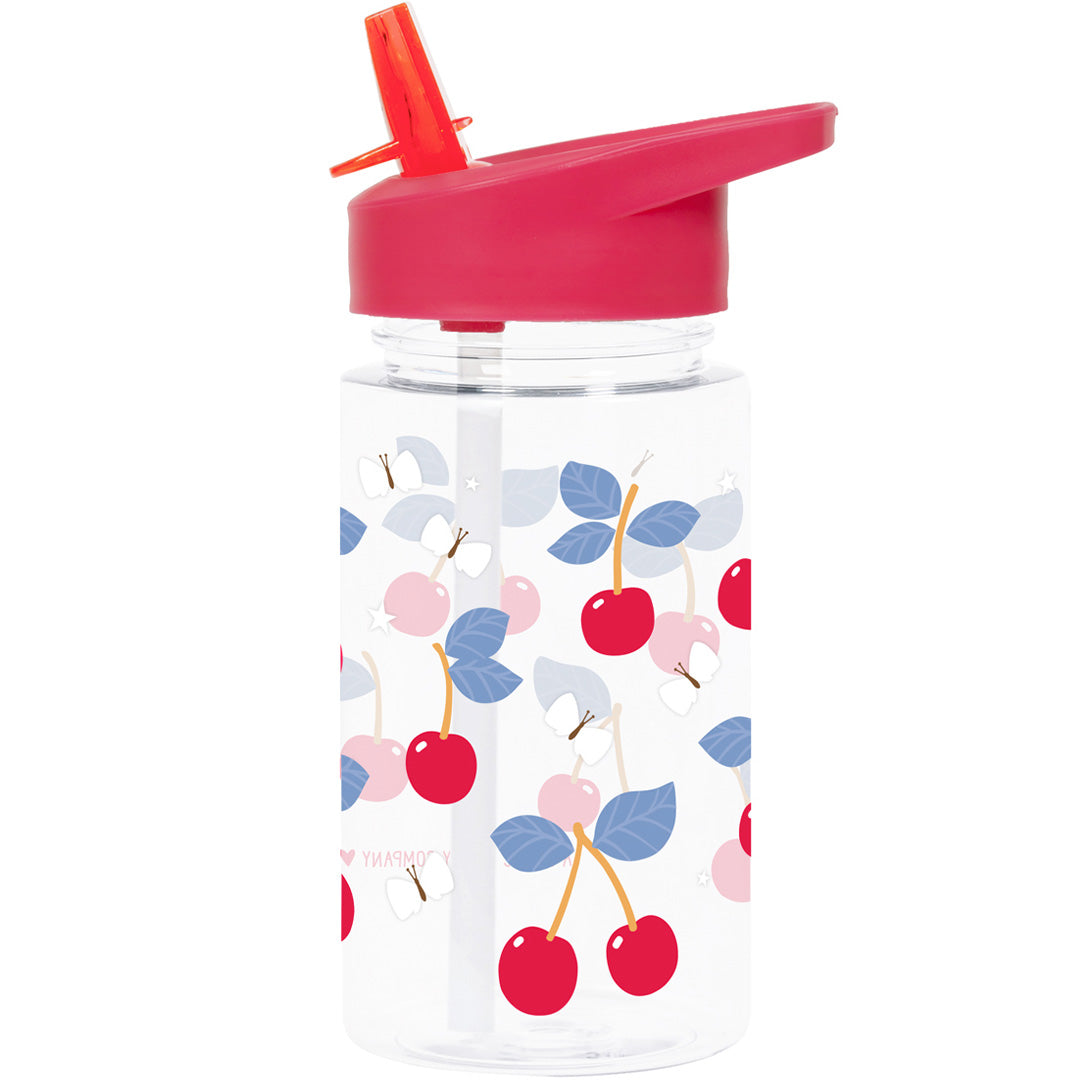 Een a little lovely company kinder drinkfles met kersenprint en rode drinktuit.