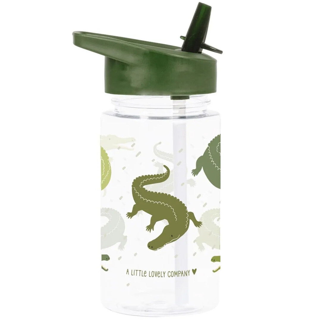 Een a little lovely company kinder drinkfles met rietje, versierd met groene krokodillen.
