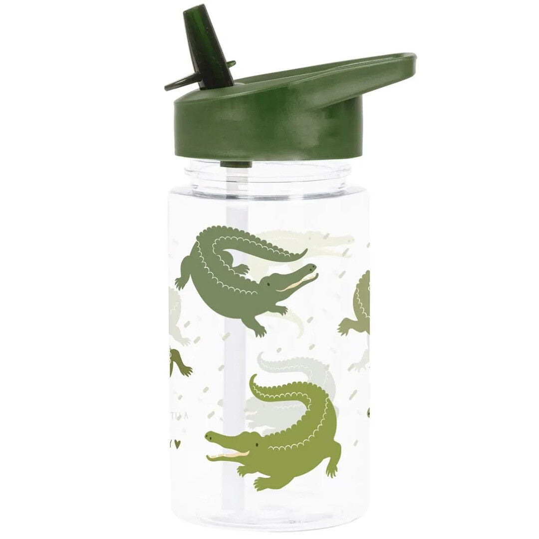 Een a little lovely company kinder drinkfles met rietje, versierd met groene krokodillen.