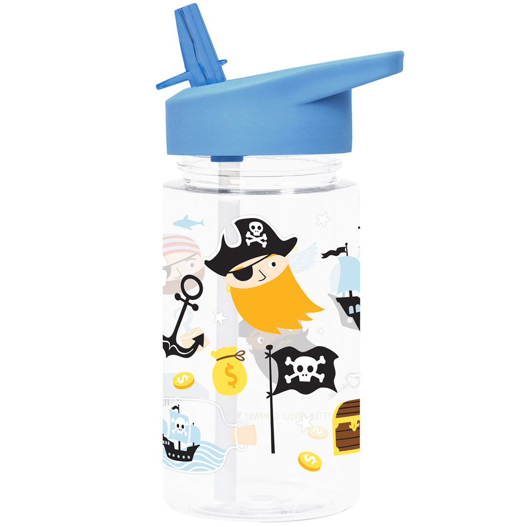 a little lovely company kinder drinkfles met blauwe rietjesdop en piratenfiguren zoals een anker en schatkist.