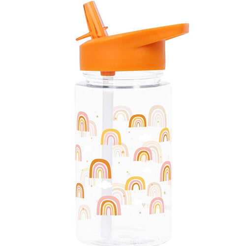 A little lovely company drinkfles met rietje voor kinderen met een regenboogpatroon en oranje dop.