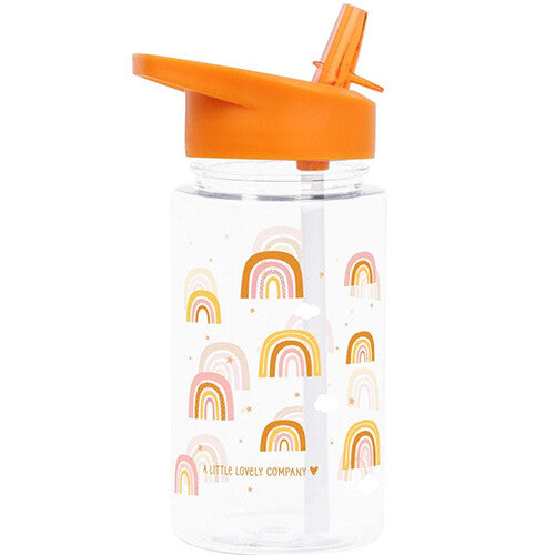A little lovely company drinkfles met rietje voor kinderen met een regenboogpatroon en oranje dop.