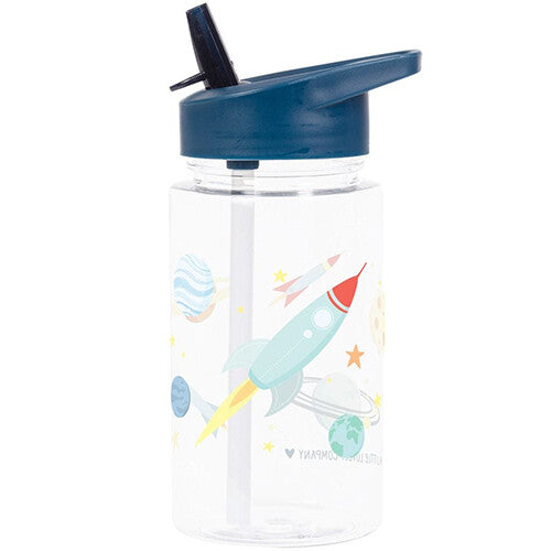 a little lovely company drinkfles met rietje met een raket en planeten in de ruimte.