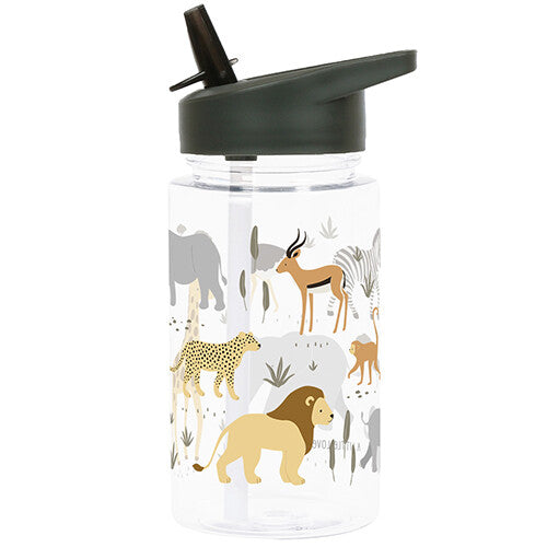 A little lovely company kinderdrinkfles met rietje, versierd met savanne dieren zoals een leeuw en een cheetah.