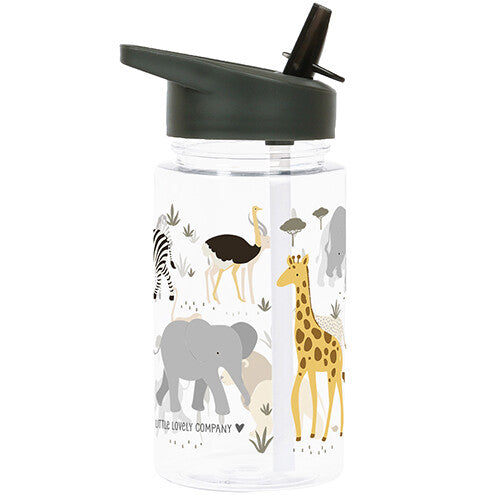 A little lovely company kinderdrinkfles met rietje, bedrukt met savanne dieren zoals een giraffe en een olifant.