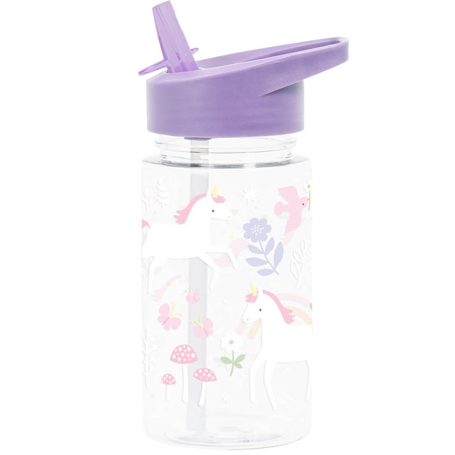 A little lovely company drinkfles voor kinderen met rietje, versierd met eenhoorns, bloemen en vlinders.