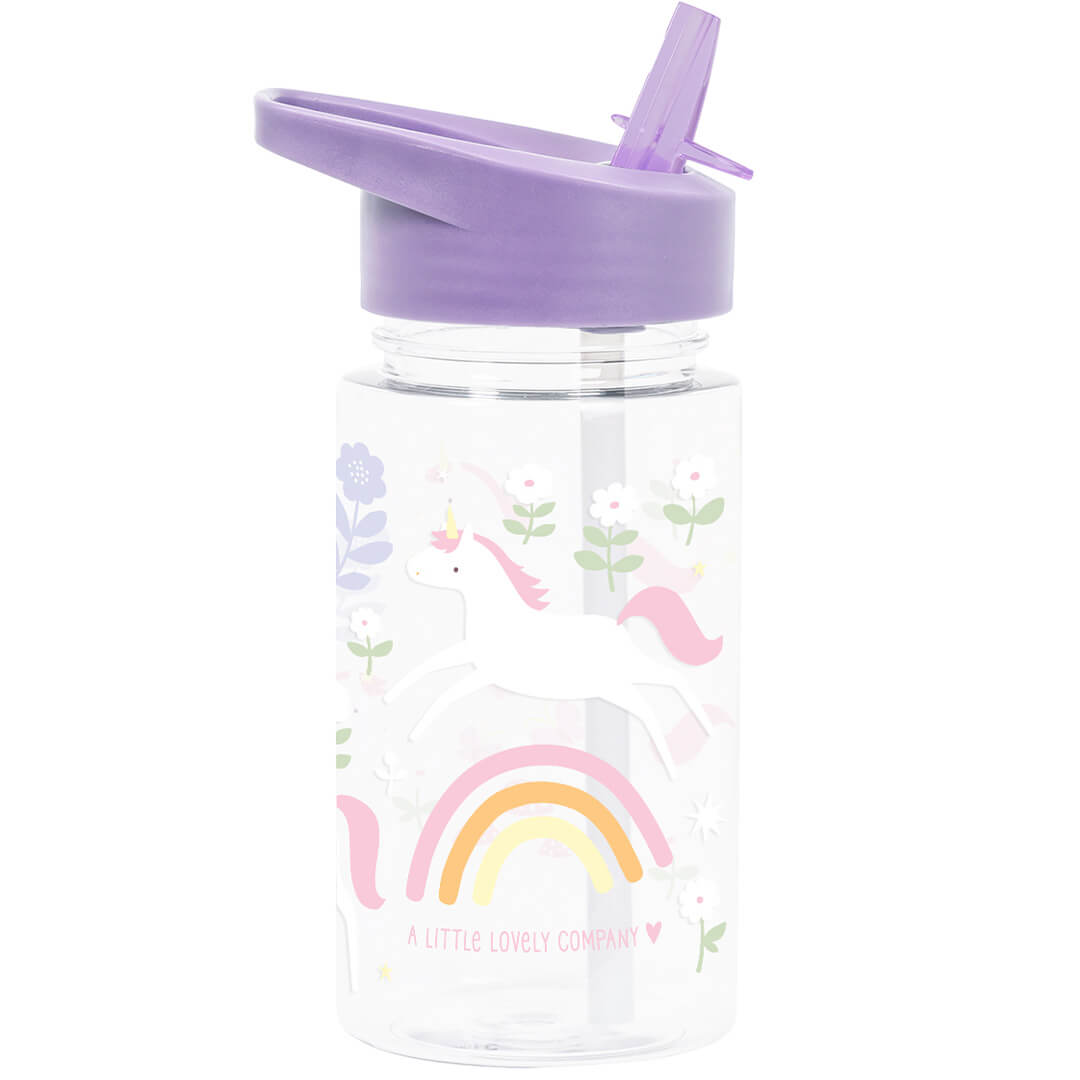 A little lovely company drinkfles voor kinderen met rietje, versierd met eenhoorns, een regenboog en bloemen.