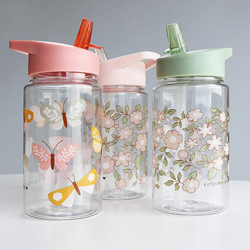 Drie a little lovely company kinder drinkflessen met rietje, met vlinder- en bloemenprints.