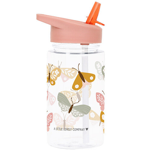 A little lovely company kinder drinkfles met roze deksel en diverse vlinderillustraties.