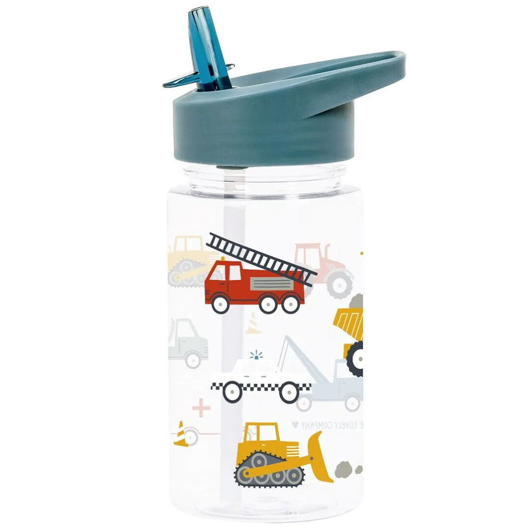 A Little Lovely Company kinder drinkfles met rietje, bedrukt met voertuigen zoals een brandweerwagen en bulldozer.