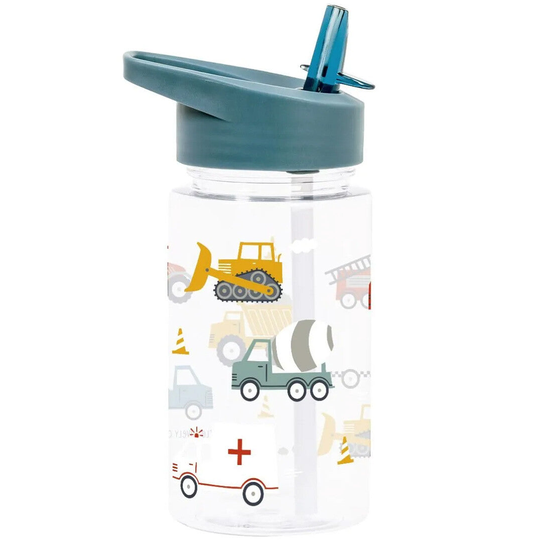 A Little Lovely Company kinder drinkfles met rietje, met illustraties van voertuigen zoals een cementwagen en ambulance.