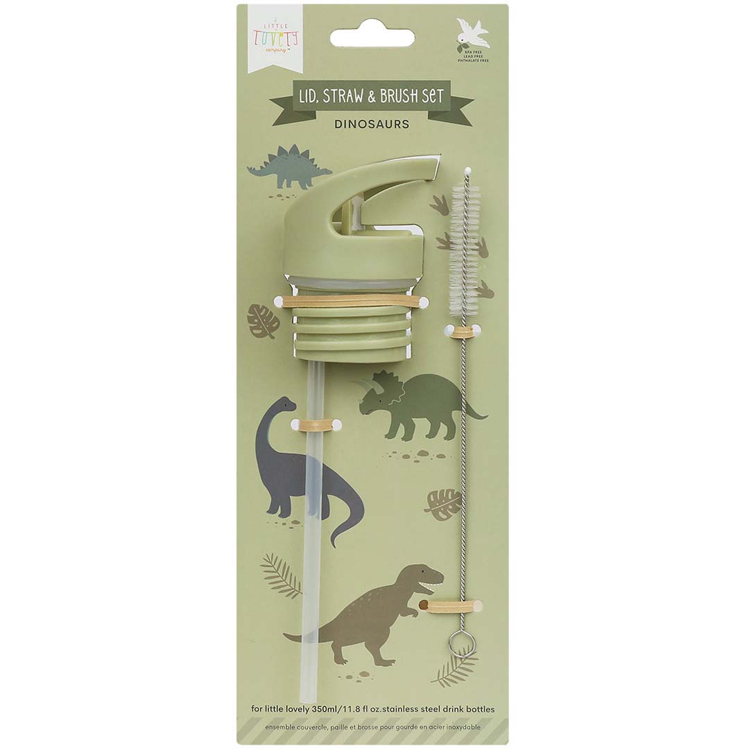 Verpakking van de a little lovely company flessendop, rietje en borsteltje met dinosaurus thema.