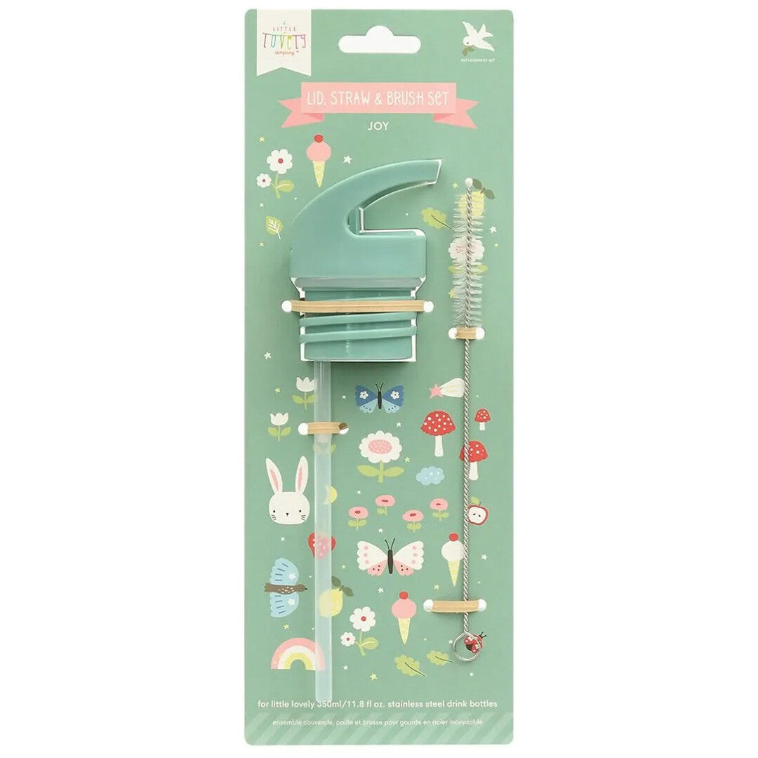 Verpakking van de a little lovely company flessendop met rietje en borsteltje, met een vrolijk design van konijntjes en bloemen.