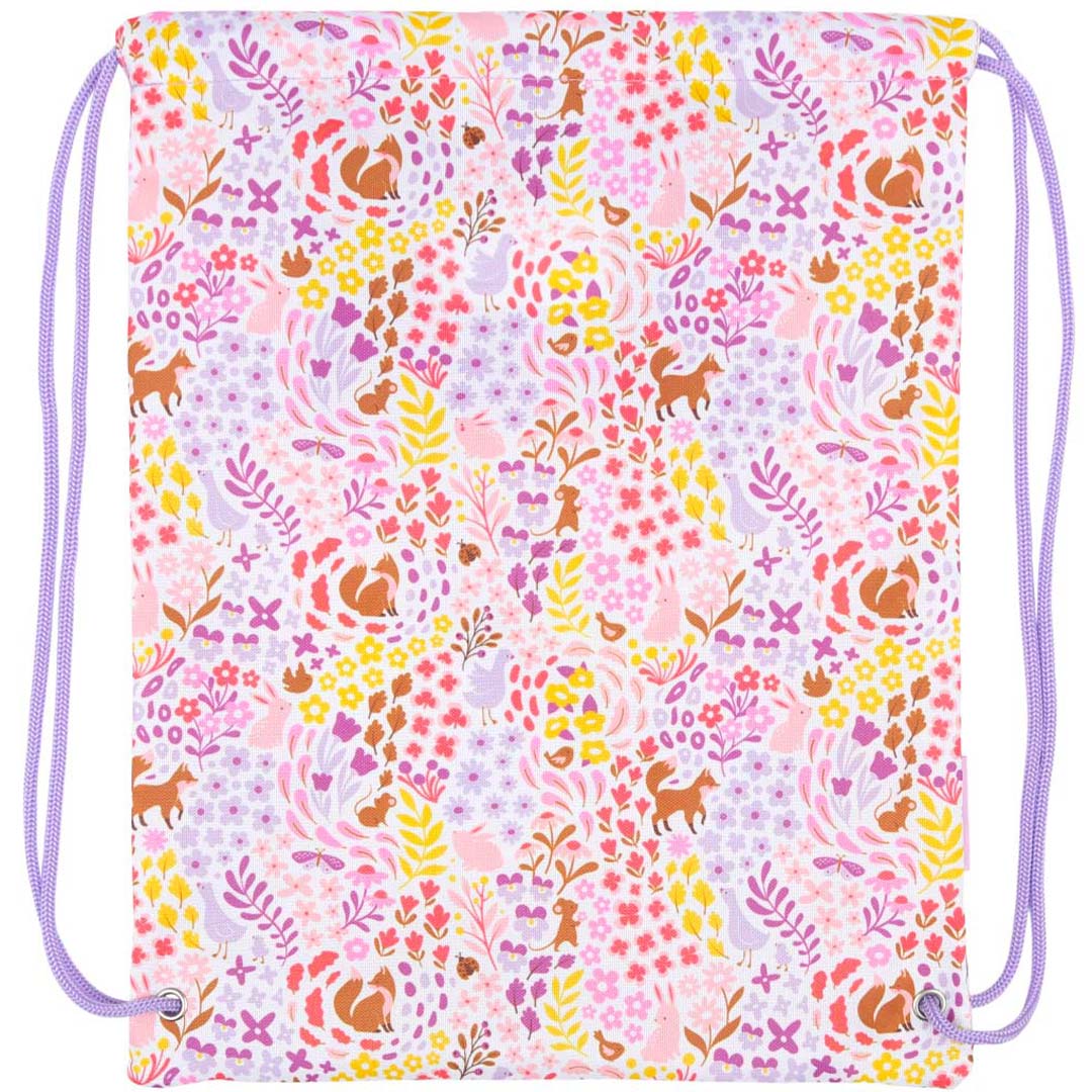 Bovenaanzicht van de a little lovely company kinder gymtas met gedetailleerde bloemen- en dierenprint.