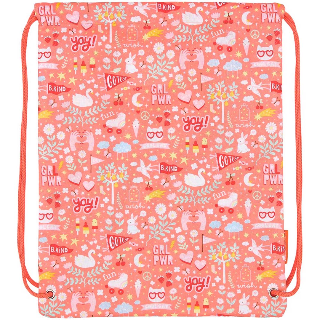 Detail van de a little lovely company roze gymtas met een vrolijk patroon van zwanen, konijnen, harten en teksten.