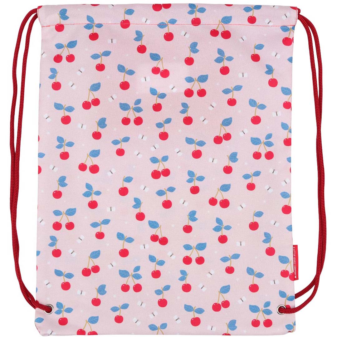 De achterkant van de A little lovely company roze gymtas met kersenprint.