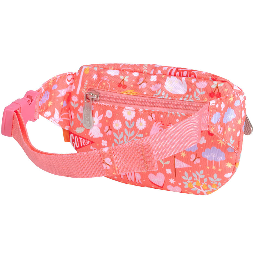 Achteraanzicht van de roze kinder heuptas van a little lovely company met de bevestiging van de band.