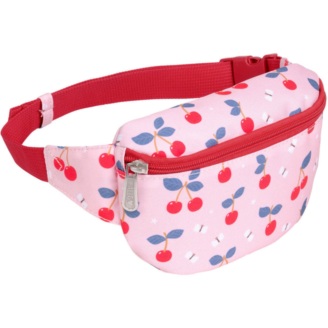 Roze kinderheuptas van a little lovely company met kersenprint en rode rits.