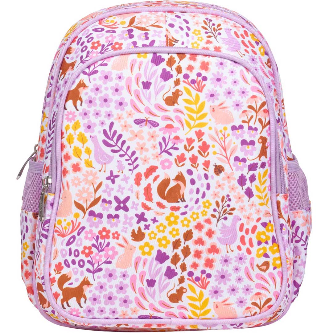 Voorkant van de a little lovely company kinderrugzak met bloemen- en dierenprint.