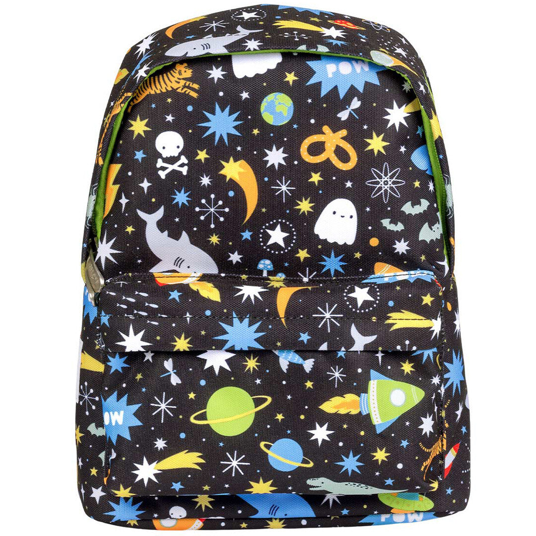 a little lovely company kleuterrugzak met galaxy-thema, recht van voren gefotografeerd.