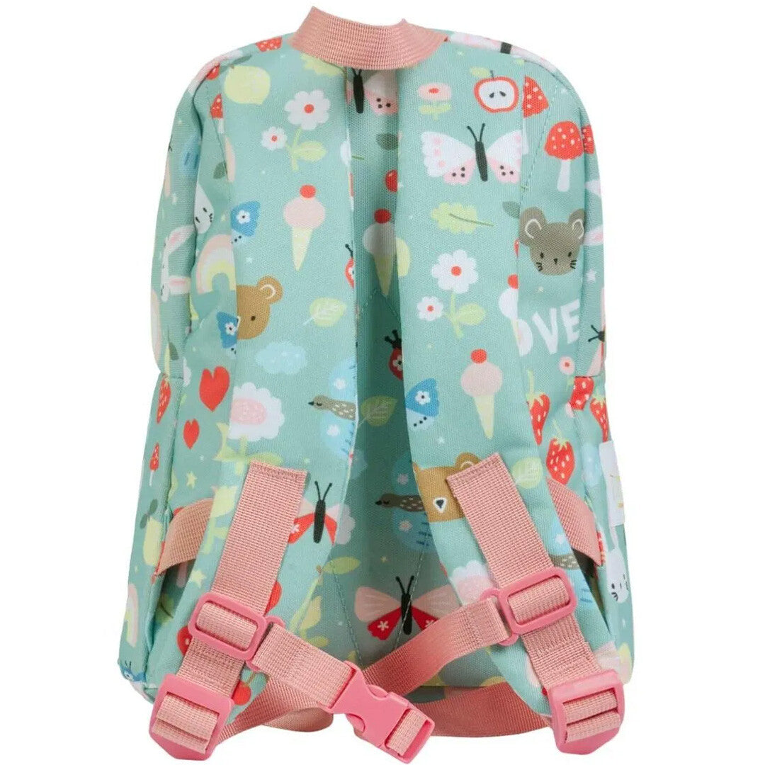 De achterkant van de a little lovely company groene kleuterrugzak met roze verstelbare schouderbanden en borstband.