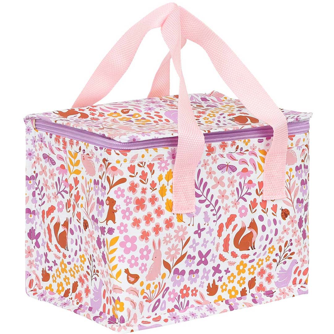 a little lovely company koeltas met bloemen- en dierenpatroon en roze handvatten.