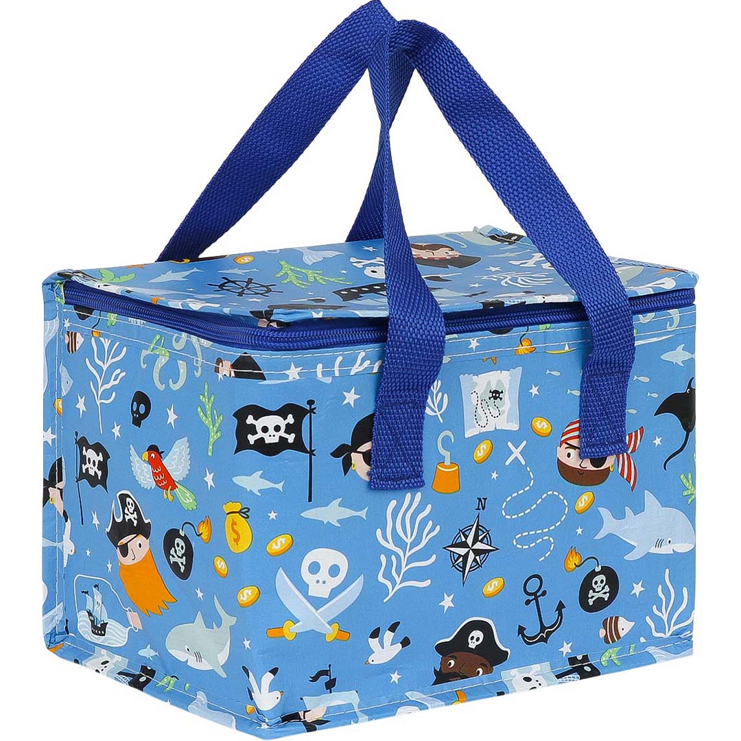 a little lovely company blauwe koeltas met piratenprint, gesloten.