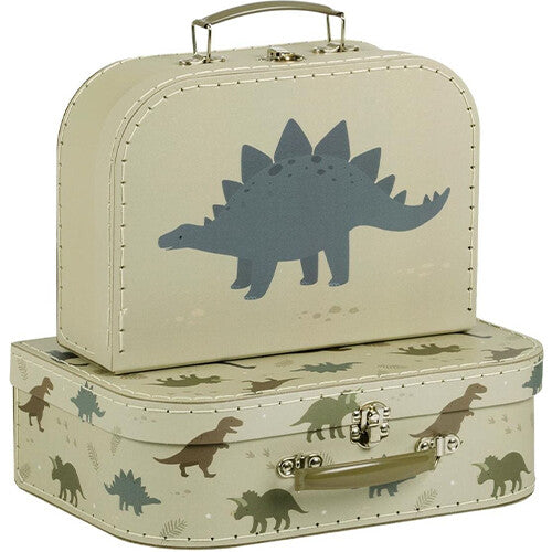 a little lovely company kinderkoffers met dinosaurusprint, twee stuks op elkaar gestapeld.