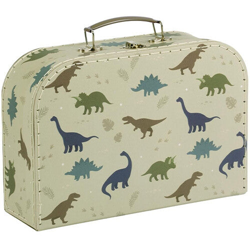 De kleine a little lovely company kinderkoffer met een patroon van diverse dinosaurussen.