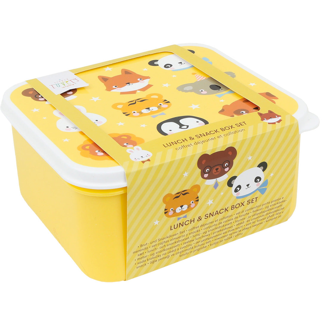 De verpakking van de A Little Lovely Company broodtrommelset, een gele lunchbox met een band met dierenvrienden en sterren.