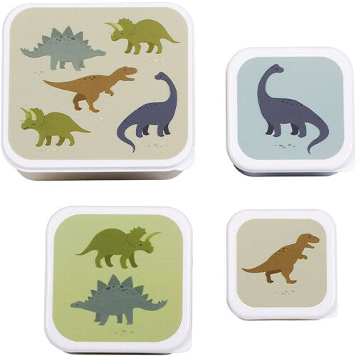 A little lovely company broodtrommelset met vier vierkante lunchboxen met dinosaurusafbeeldingen op de deksels.